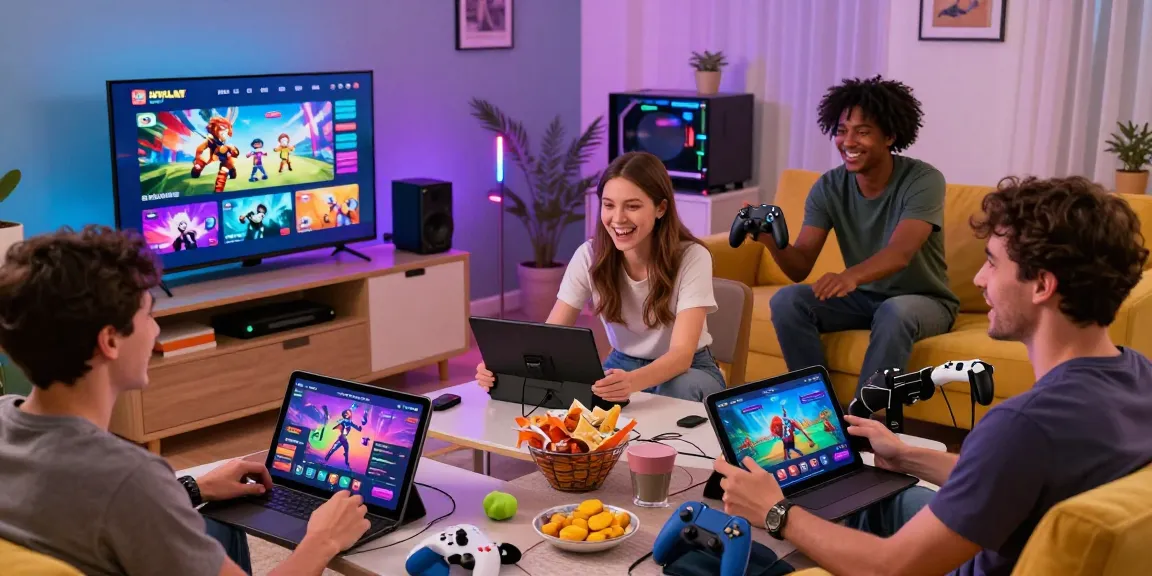 Enjoying html porn games together in a vibrant living room filled with friends and engaging devices.