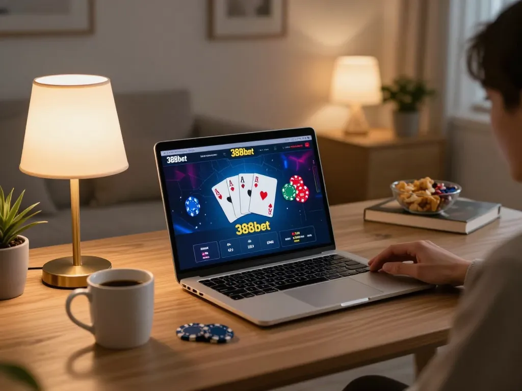 Engaged player enjoying 388bet online poker with vibrant graphics on laptop in a cozy home setup
