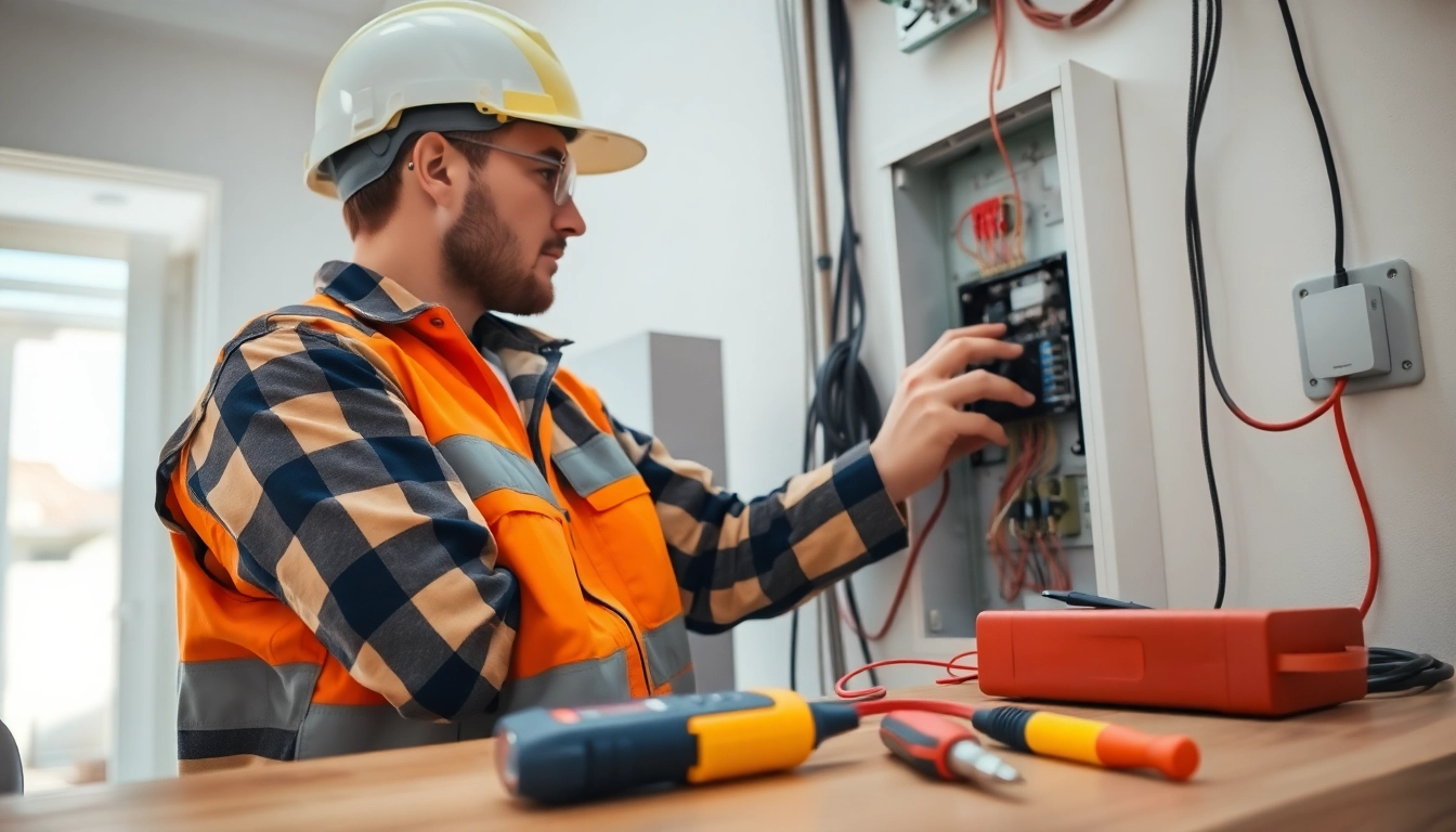 Electrician performing electrical service maintenance, focusing on safety and efficiency.