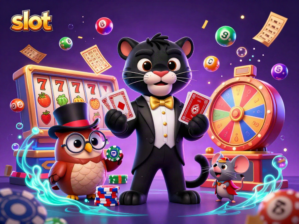 Spinning slot reels captivate players in a colorful casino scene with lively characters and dynamic elements.