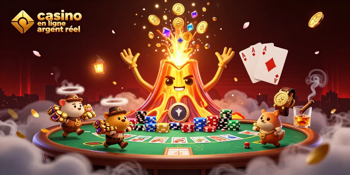 Jouez au casino en ligne argent réel en découvrant un volcan doré émettant des trésors parmi des jeux de cartes.