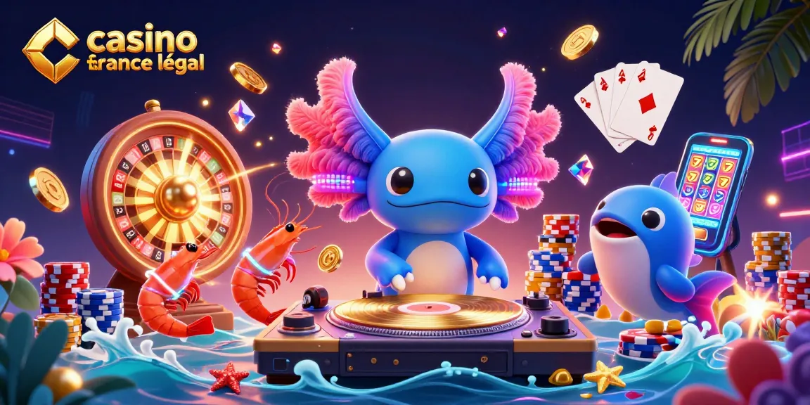 Jouez au casino en ligne France légal avec un DJ axolotl et des jetons colorés en pleine fête