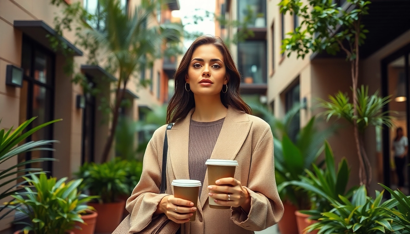 Showcase Rivelle fashion in a stylish urban setting with a model dressed elegantly.