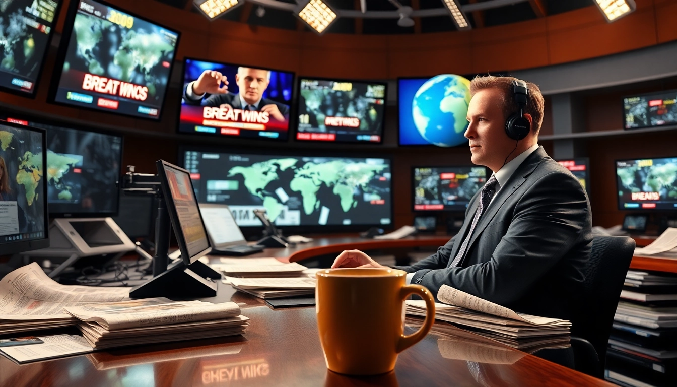 Engaging newsroom scene highlighting breaking news updates with a journalist.