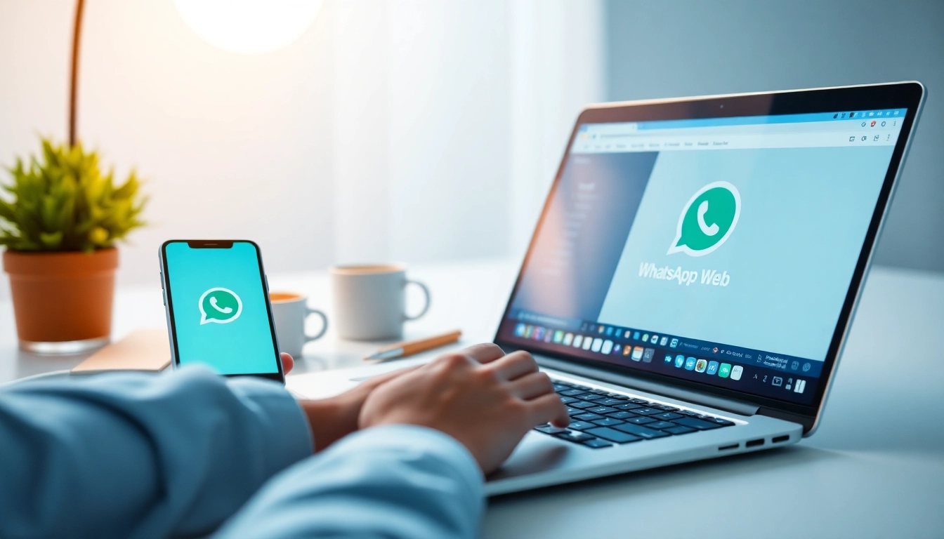 在现代工作区的笔记本电脑上展示通过 WhatsApp Web 实现的高效沟通。