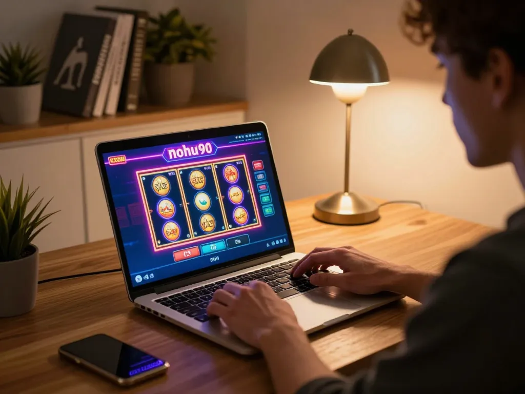 Engaging player at nohu90 com enjoying online slots in a cozy home setup.