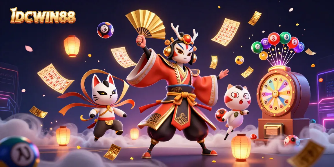 Experience big wins at IDCWIN88 with vibrant lottery elements and dynamic gaming characters.