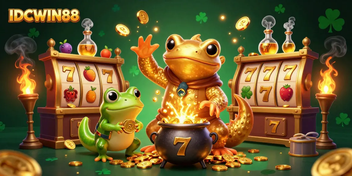 Engage with IDCWIN88's immersive slot experience featuring vibrant gold coins, reels, and playful characters.