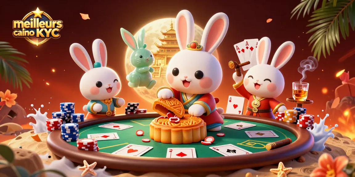 Illustrez les meilleurs casinos sans KYC avec un lapin de lune et des jetons de poker.