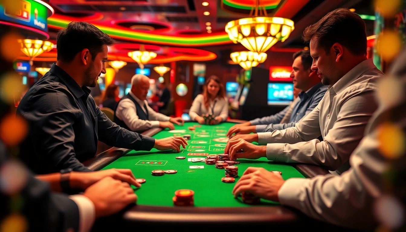 Spannendes casino spielen an einem Tisch mit Spielern und einem Dealer in einem lebhaften Casino.