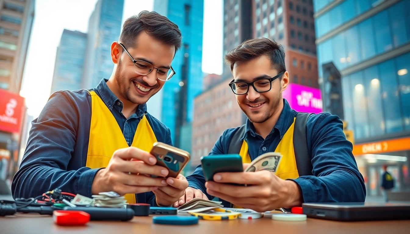 Sell phone cash with a technician evaluating a smartphone in a bright urban environment.