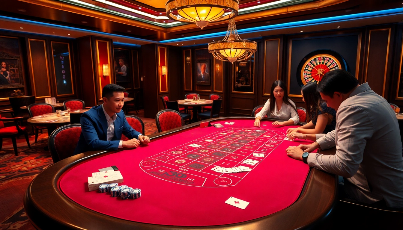 Players enjoy an exciting baccarat game at 789bet's luxurious casino, showcasing poker chips and cards.