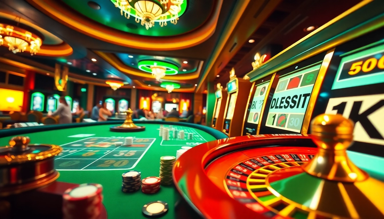 Gameplay di kasino Slot Deposit 1K dengan chip poker dan roda roulette yang menerangi suasana perjudian yang mendebarkan.