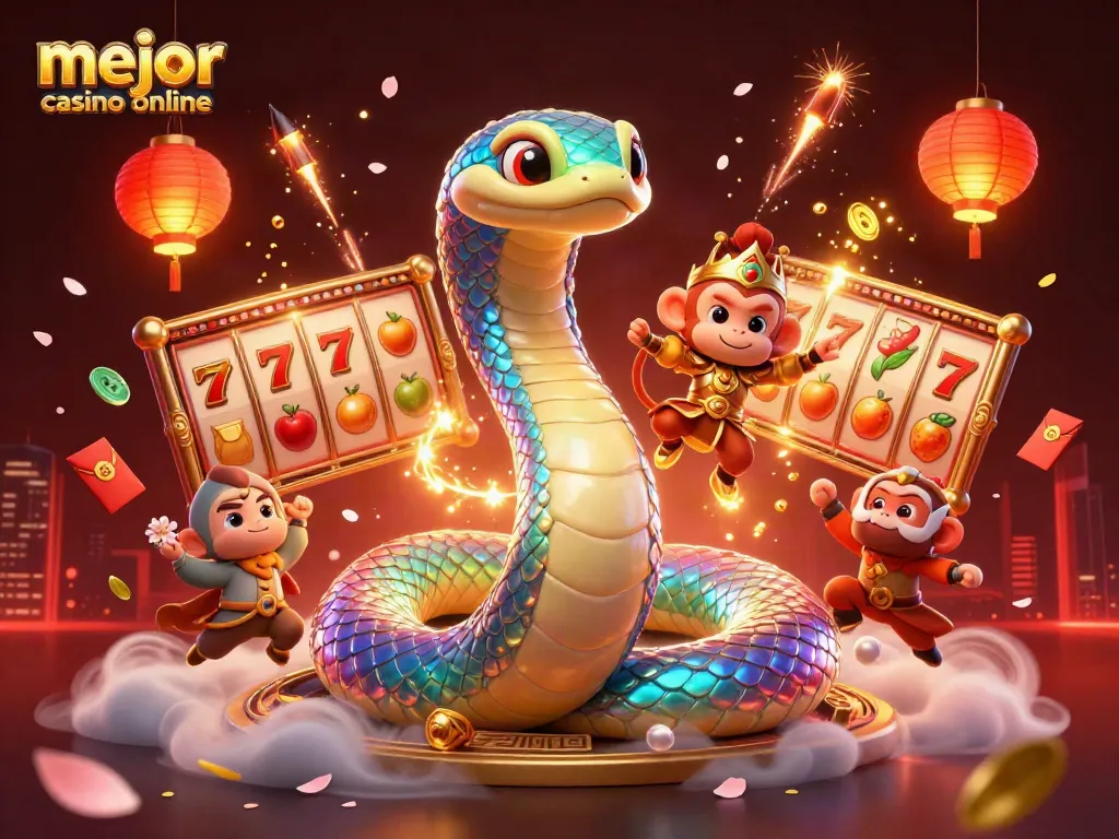 Descubre el mejor casino online mientras juegas con tragamonedas y serpentinas mágicas iluminadas.