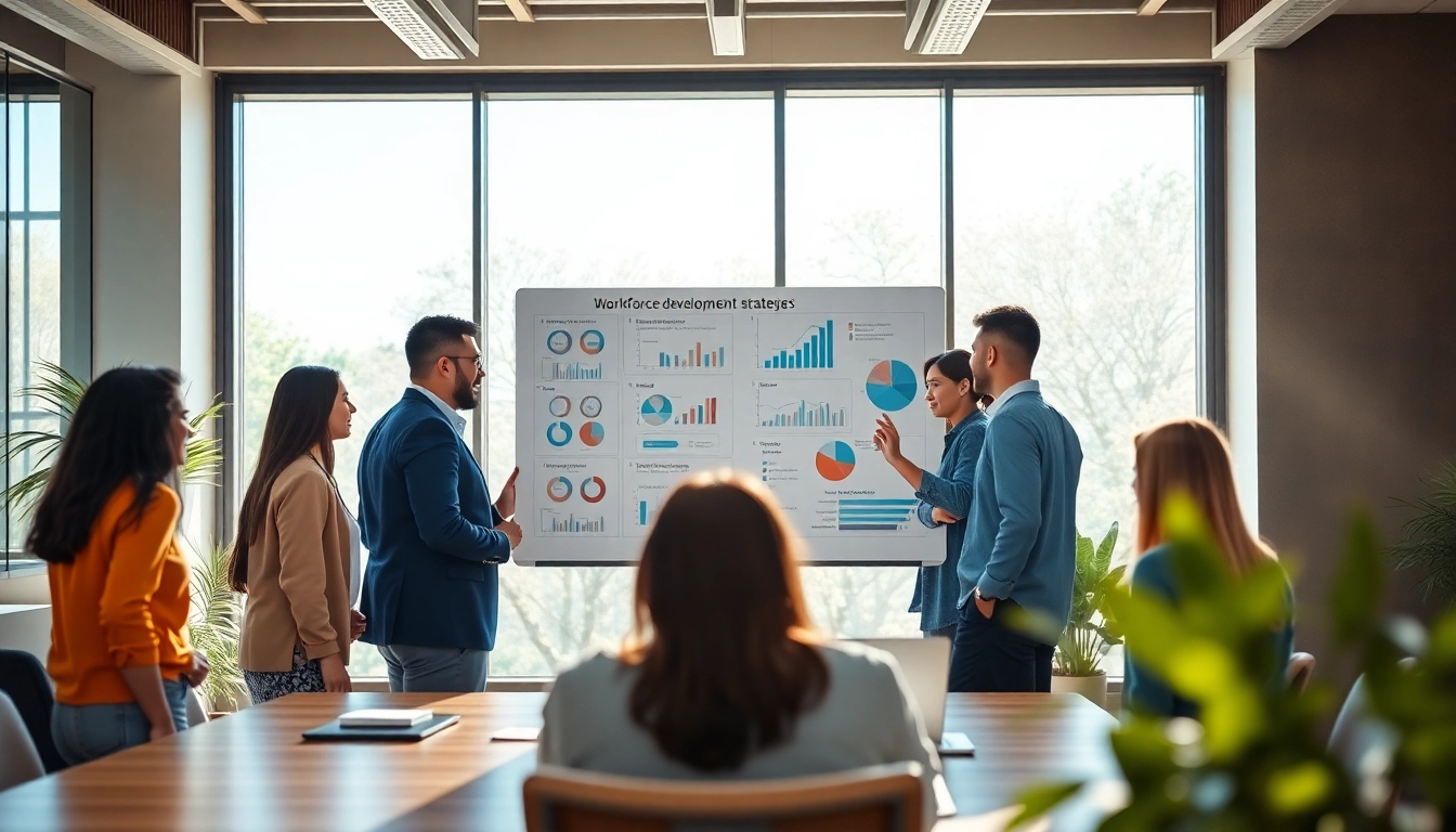 Illustration of workforce development strategies being discussed by a diverse team in a modern office.