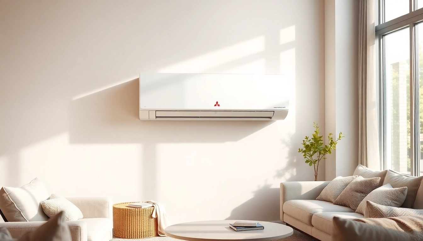 Showcasing a Mitsubishi mini split ac mounted elegantly in a modern living room.