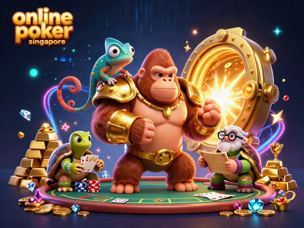Engage in online poker Singapore with a vibrant casino scene featuring characters and poker elements illuminating the atmosphere.
