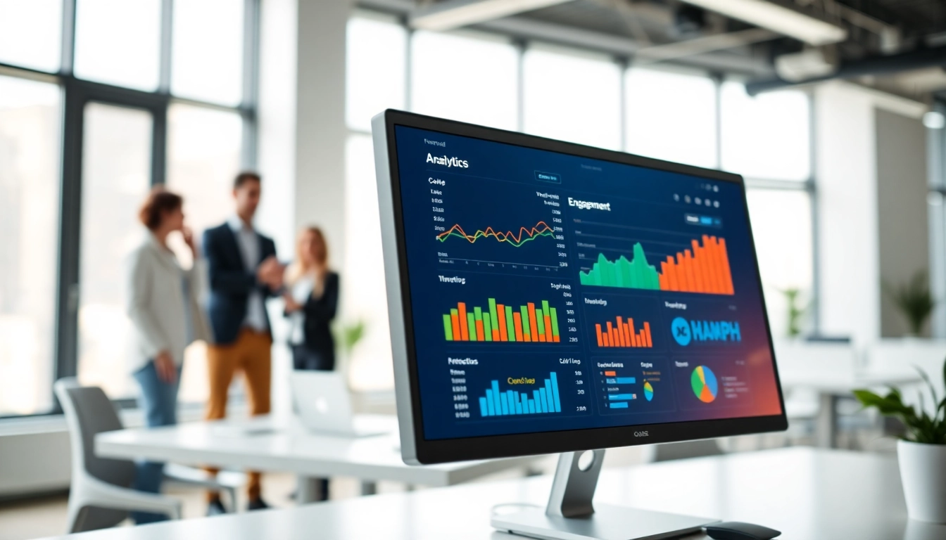 Analyze data to track content engagement with vibrant graphs on a digital dashboard.