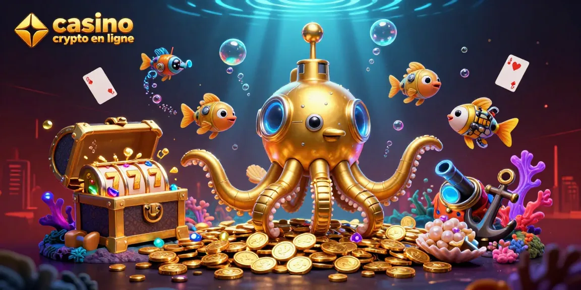 Visualisez un kraken en 3D et des poissons mécaniques dans un casino crypto en ligne rempli de pièces d'or et de jeux de slot.