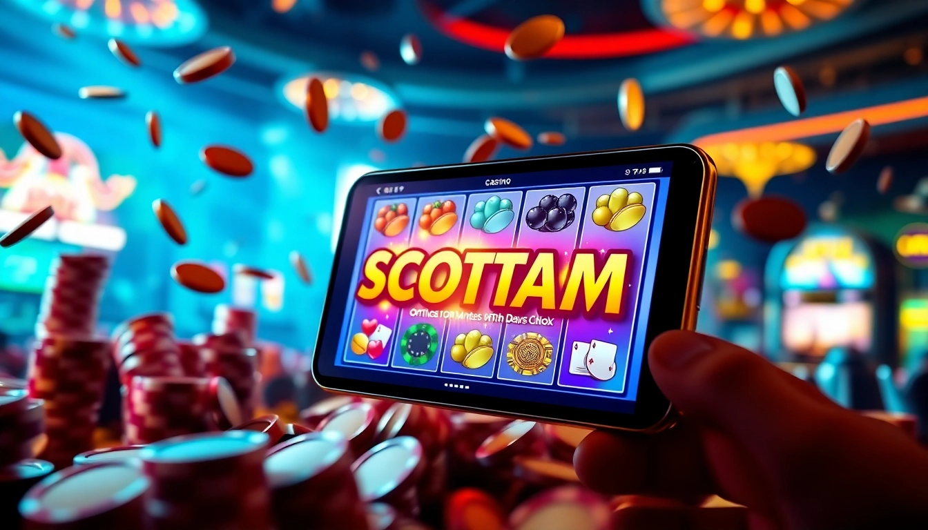 Engage with scatter hitam in a vibrant casino scene showcasing slot machines and poker elements.