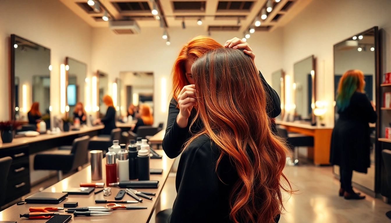 Hair stylist bucuresti styling hair with vibrant colors in a modern salon setting.