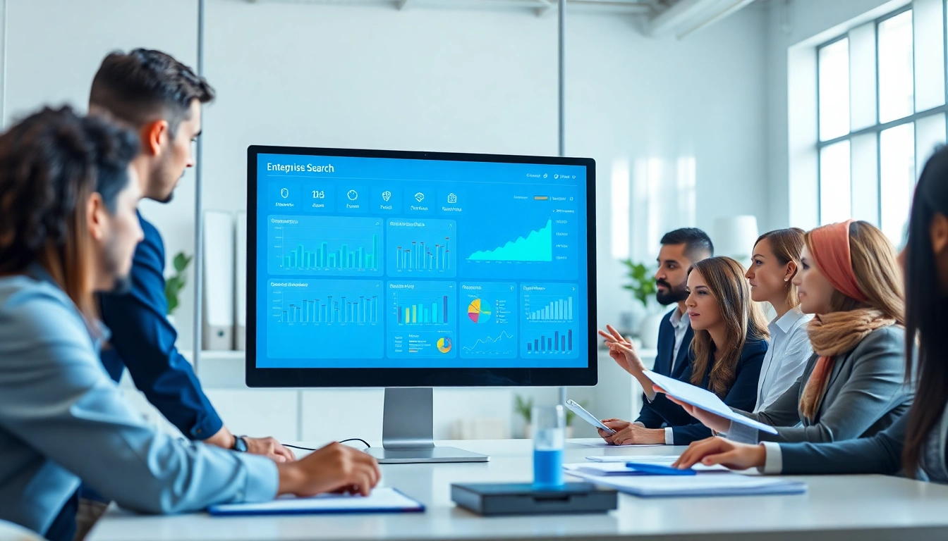 Engaging professionals utilizing enterprise search solutions in a modern office setting.