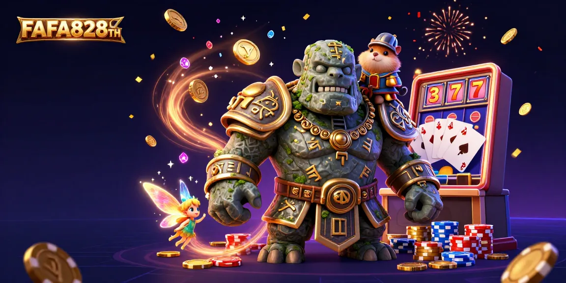 Engage in the world of FAFA828TH with a magical casino scene featuring vibrant slot elements and characters.