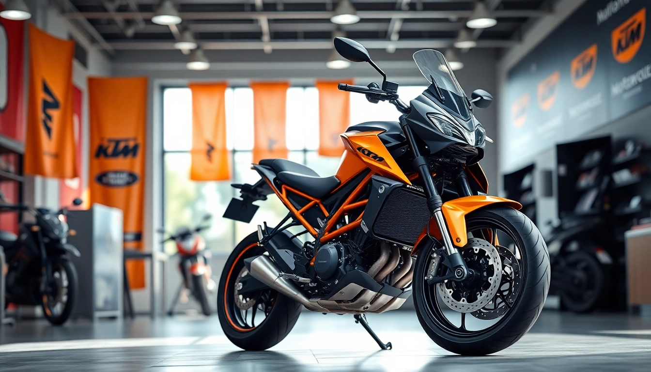 Motorrad Ankauf in einem modernen Verkaufsraum mit KTM Modellen und lebhaften Farben.