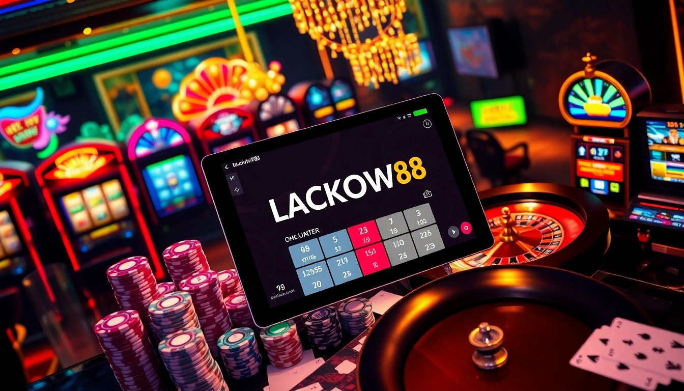 Experience excitement at BLACKOWL88's luxurious online casino with slot machines and poker chips.