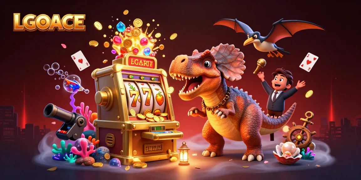 LGOACE dynamic casino scene with dinosaurs celebrating jackpot wins and slot elements