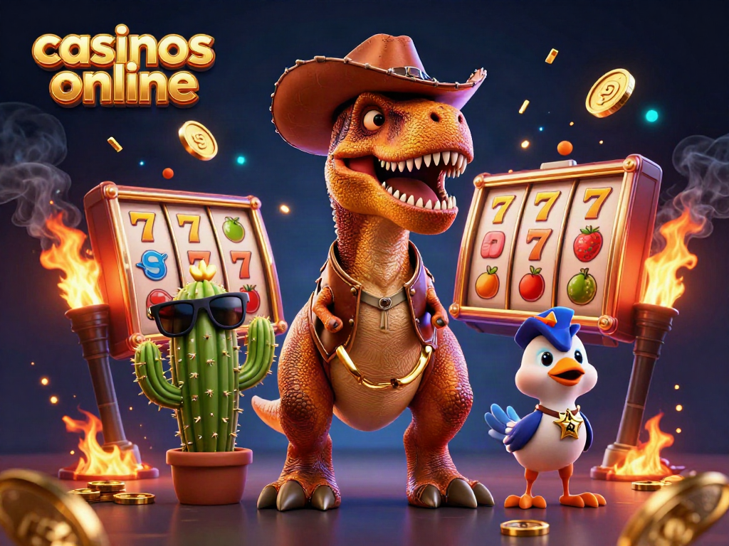 Disfruta de casinos online con un dinosaurio moderno y divertido en la escena.