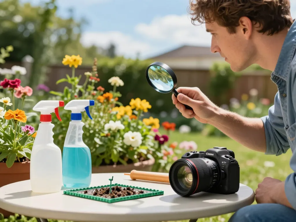 Homeowner using pest control tips to inspect garden for pests with tools and flowers around.