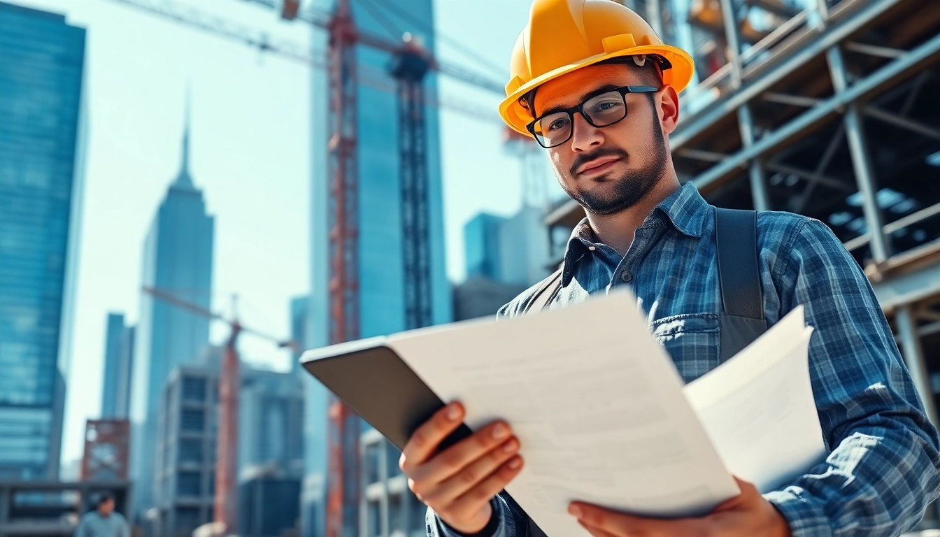 New York City Construction Manager analyzing blueprints on a bustling job site.