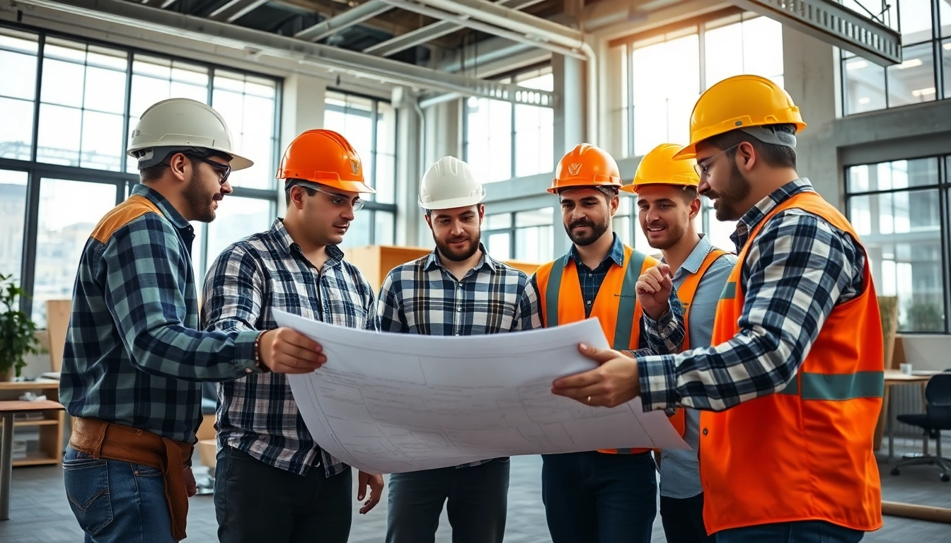 Construction membership association team actively discussing project plans in a modern office.