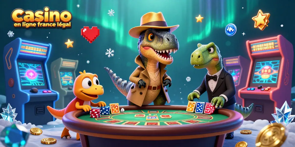 Jouez aux casinos en ligne France légal avec des personnages de dinosaures caricaturaux et des jeux brillants autour.