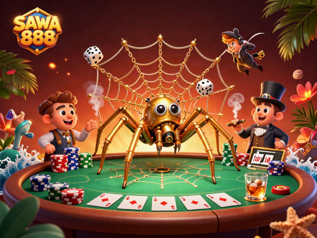 Hit the jackpot with SAWA888 in this vibrant 3D steampunk casino scene, filled with poker elements.