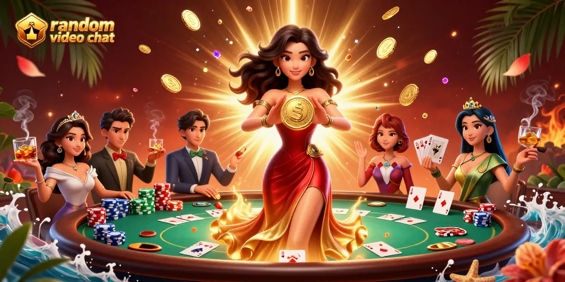 Engage in random video chat with vibrant casino elements showcased around a glowing character.