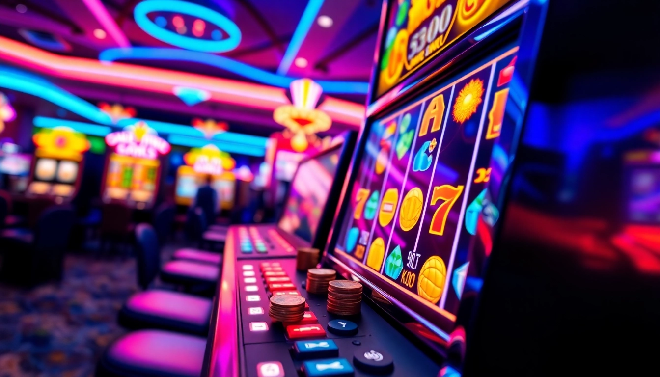 Menangkan slot deposit 5000 di mesin slot yang menarik dengan simbol berwarna-warni dan suasana kasino yang dinamis.