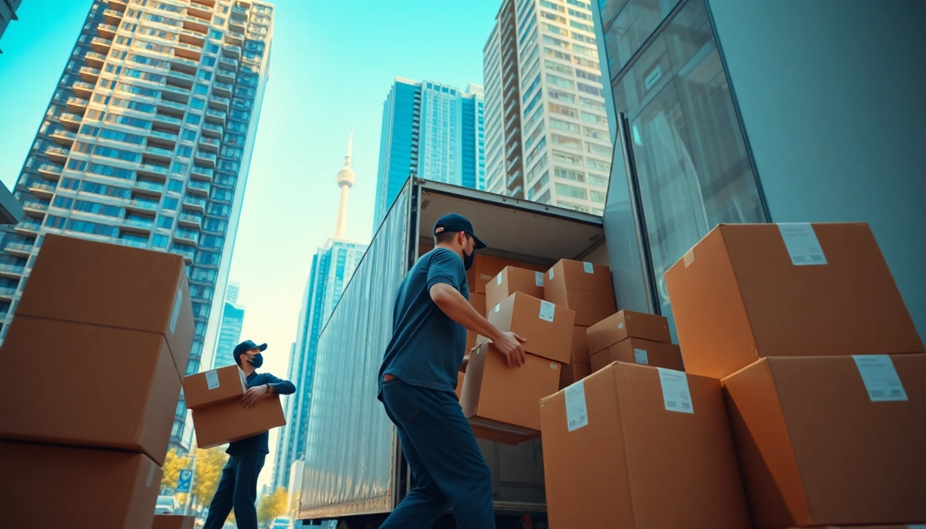 Dedicated team of the Toronto moving company packing a moving truck in a bustling Toronto cityscape.