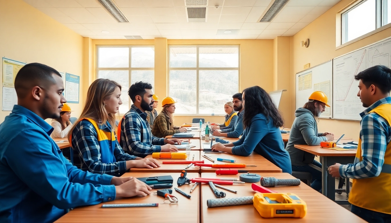 Engaged students participating in hands-on construction training programs in a classroom setting.