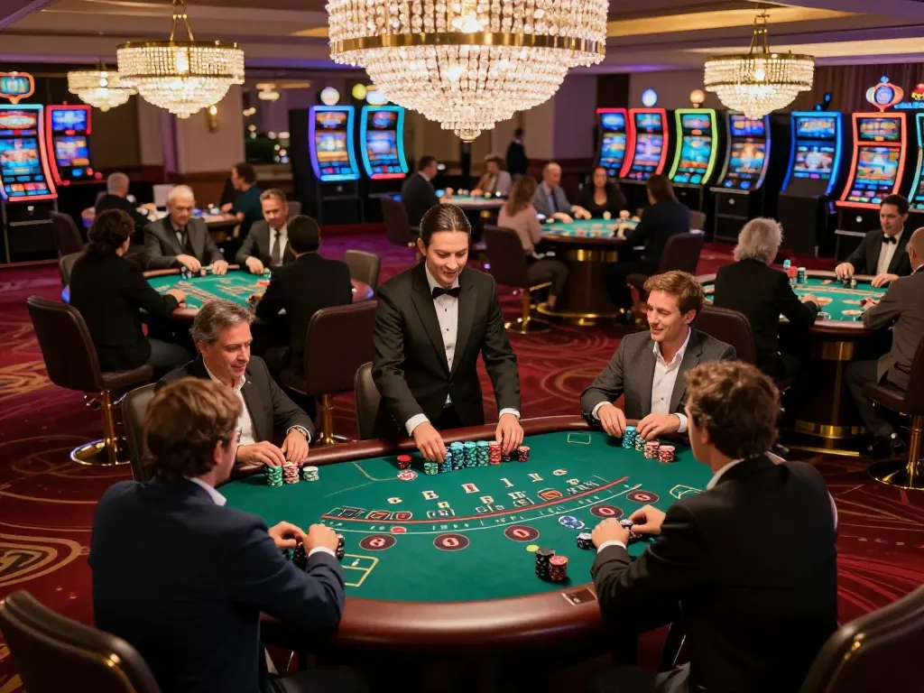 Engaging blackjack gameplay at ATQ casino, showcasing players and elegant dealers in a vibrant atmosphere.