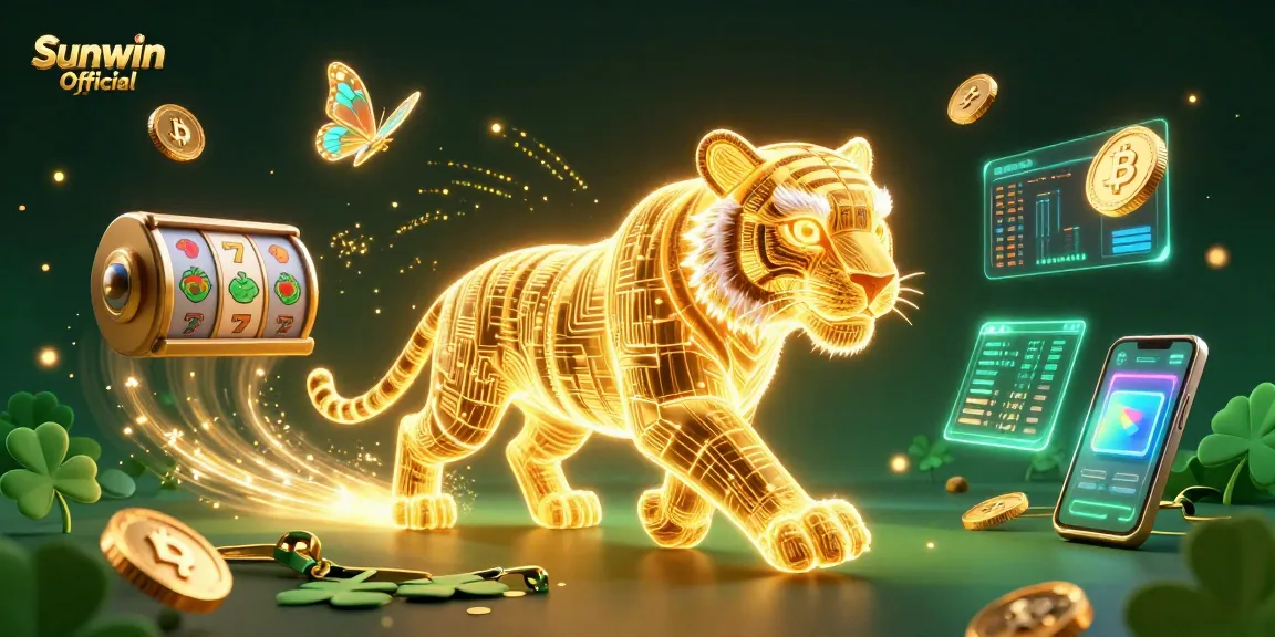 Experience the vibrant Sunwin Official digital casino scene featuring a neon tiger amidst slot elements and crypto coins.