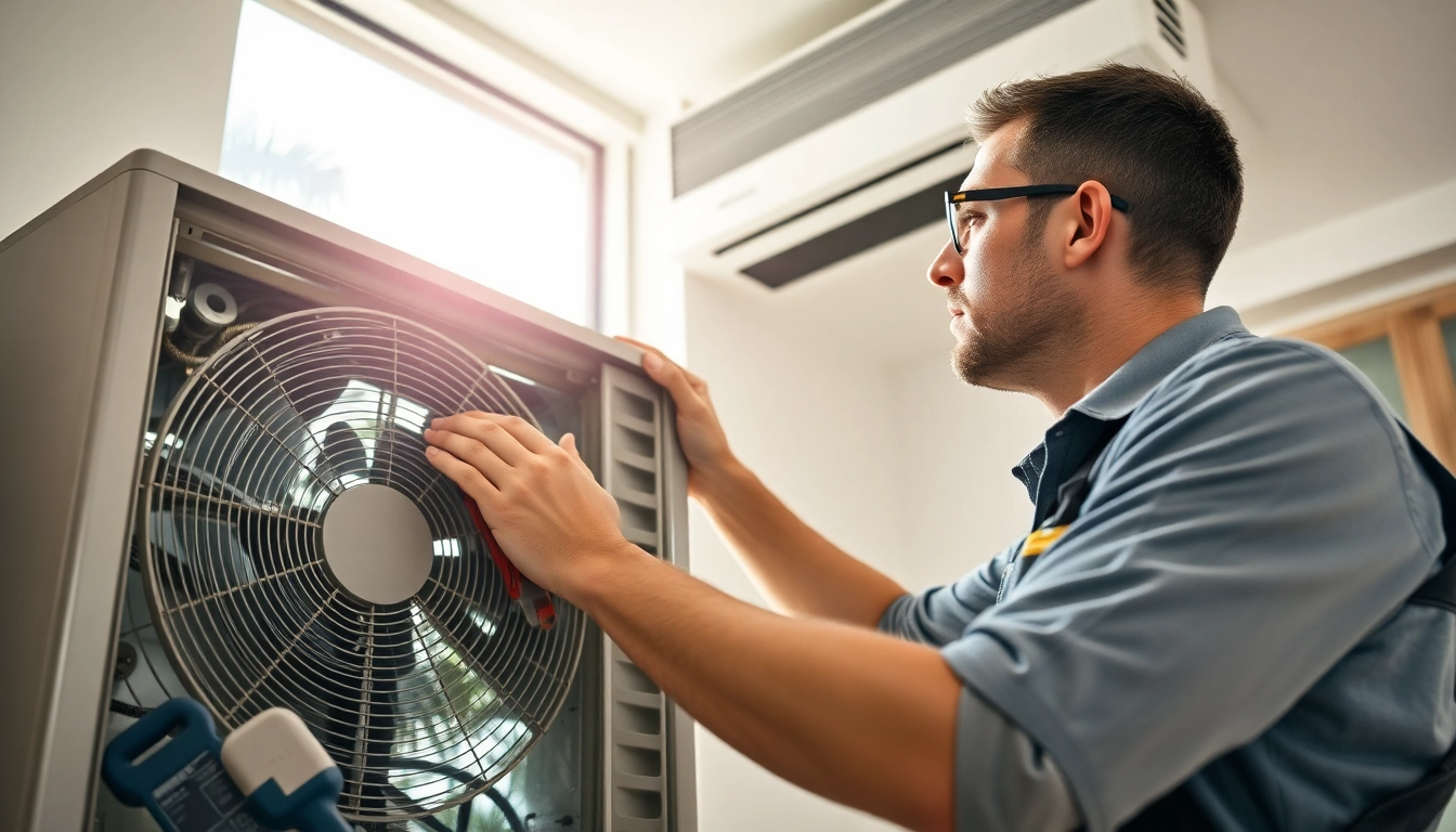 AC Repair Tampa FL technician inspecting an air conditioning unit in a sunny home environment.