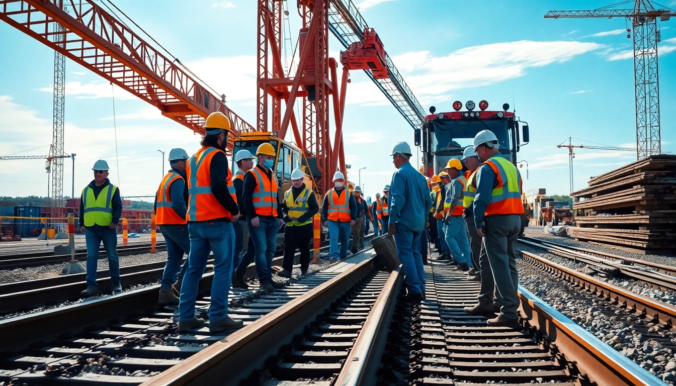 Rail contractor Canada performing vital construction work on rail tracks, showcasing teamwork and machinery.