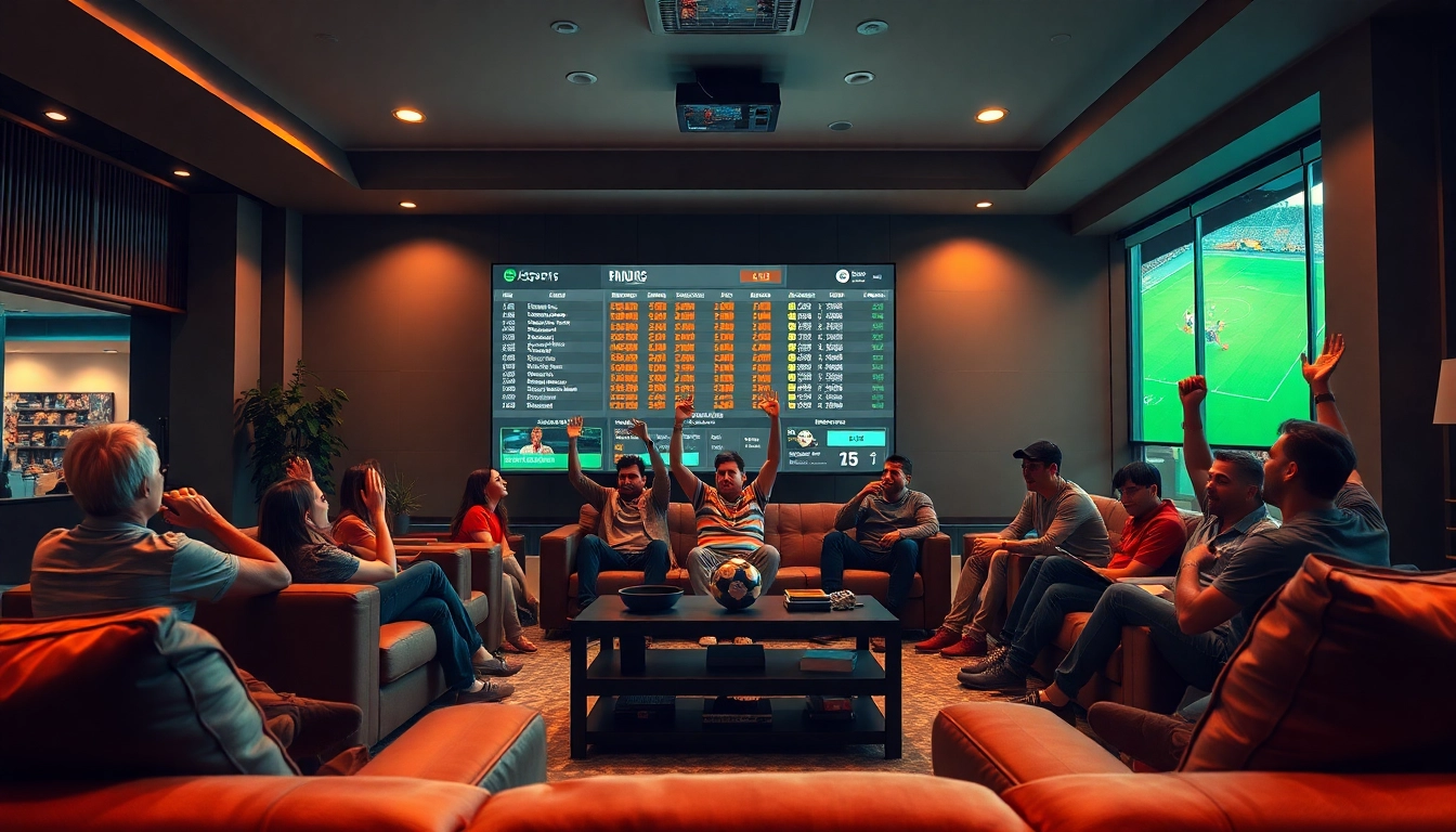 Experience sports betting excitement in a vibrant living room with live odds displayed.