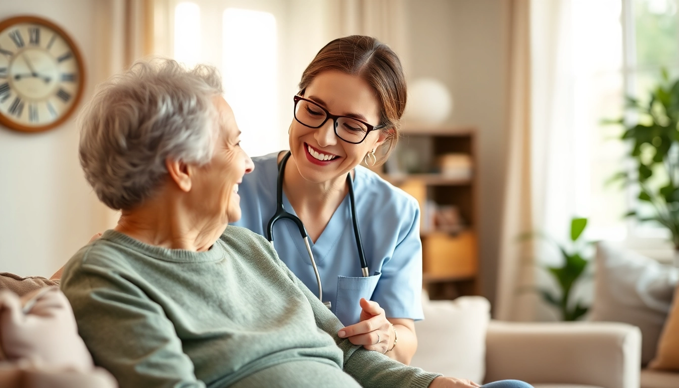 Engaging in home senior care between a professional caregiver and an elderly client in a cozy setting.