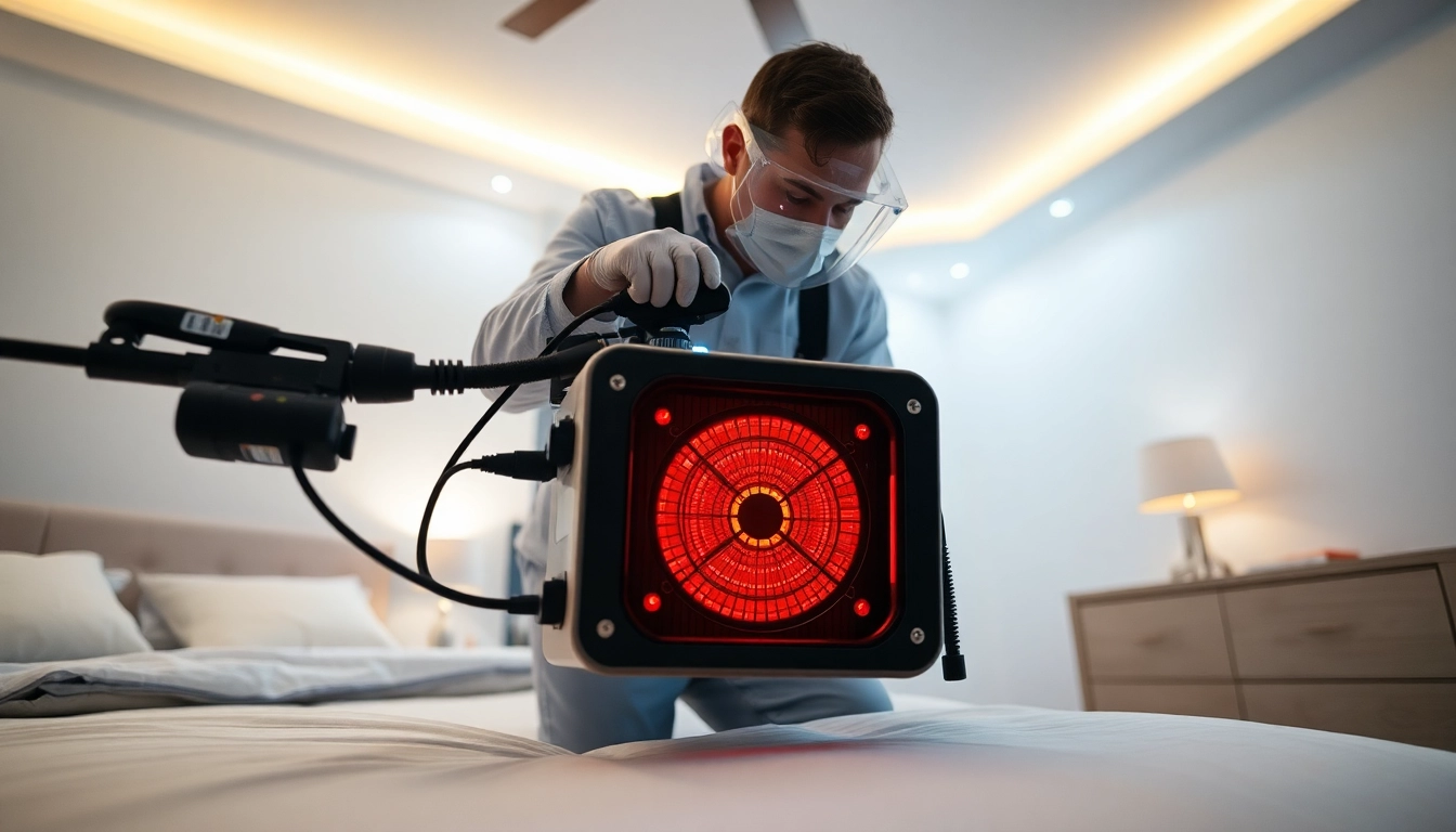 Technician executing bed bug heat treatment with advanced equipment in a home setting.