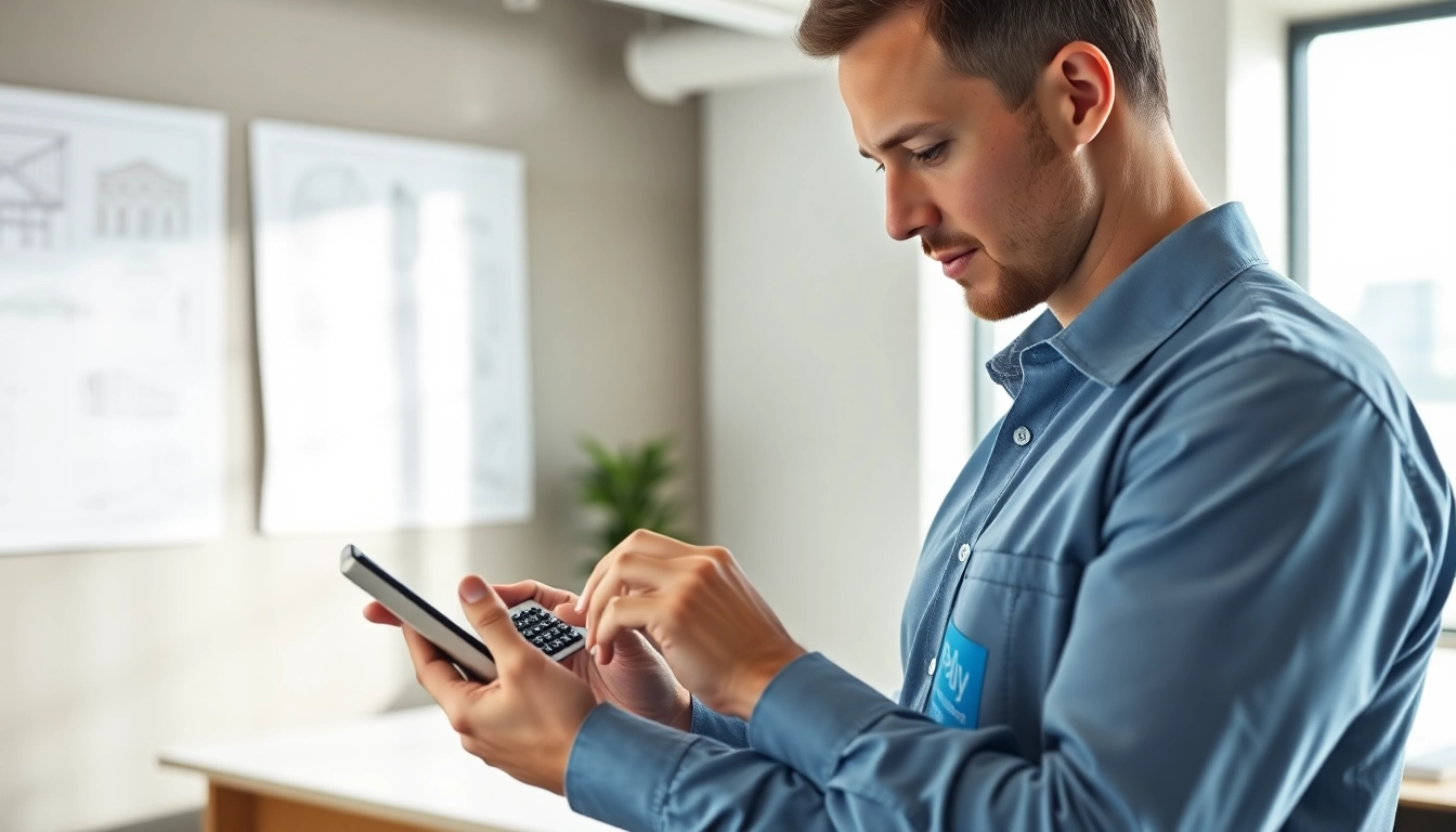 Utilizing the frame calculator, a structural engineer reviews building design plans in a modern office.