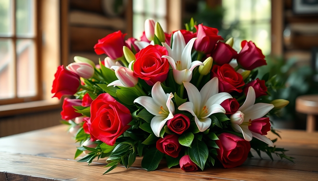 Arranging valentines flowers in a romantic setting showcasing vibrant roses and tulips.