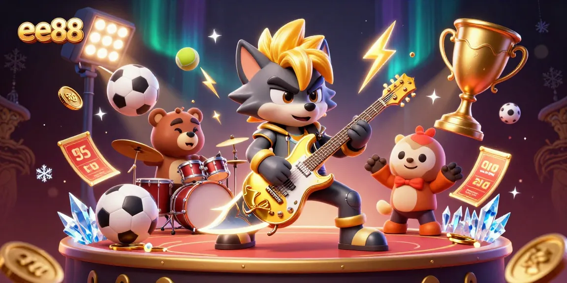 Experience thrilling gameplay at ee88 with a rock star wolf and drummer bear on a vibrant casino stage.